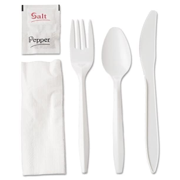 450 White Plastic Cutlery Packets - Knife Fork Spoon Napkin Salt Pepper Sets, Individually Wrapped Disposable Silverware