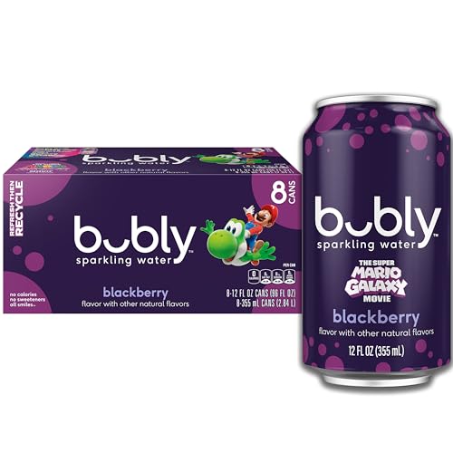 bubly Sparkling Water, The Super Mario Galaxy Movie Blackberry, Zero Sugar & Zero Calories, 12 Fl Oz Cans (Pack of 8), Packaging May Vary
