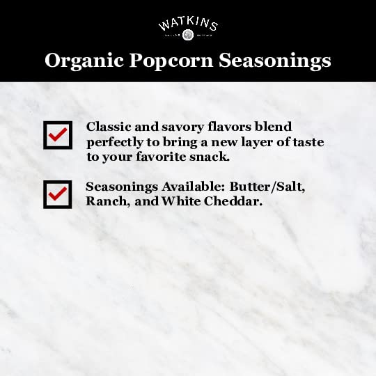 Watkins Popcorn Seasoning Multi-Flavor Variety Pack, 3-Pack (1 White Cheddar 3.3 oz., 1 Butter/Salt 5.3 oz., 1 Ranch 3.6 oz.)