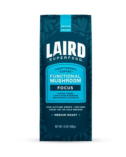 Laird Superfood Focus Coffee, Medium Roast Ground Coffee Infused with Functional Mushrooms and Botanical Adaptogens, 12 oz. Bag