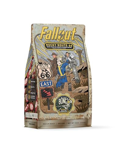 Bones Coffee Company Fallout Rocky Route 66, Rocky Road Flavored Coffee, Medium Roast Low Acid Arabica Beans Compatible with Auto drip and French