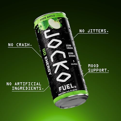 Jocko Fuel GO Energy Drinks, Sour Apple - 95mg Caffeine with Added Adaptogens, Vitamin B12 & B6, & L Theanine for Mood & Focus Support, No Sugar, 12