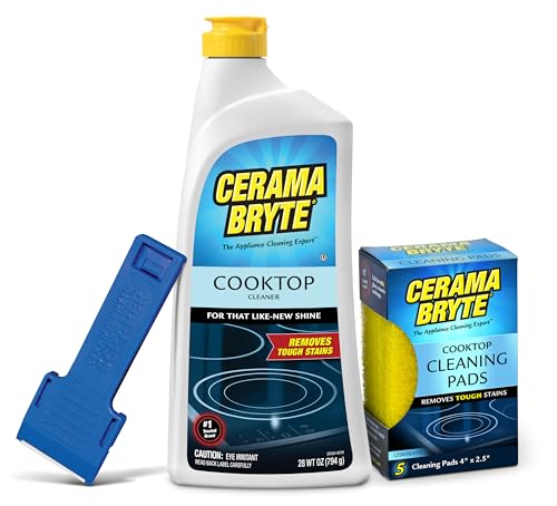 Cerama Bryte Ceramic Cooktop Cleaner (28 oz), Scraper and 5 Cleaning Pads Combo Kit