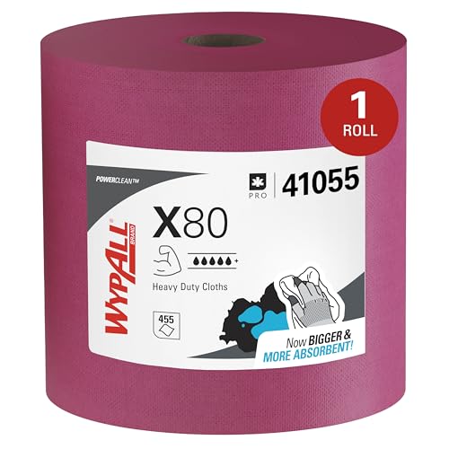 WypAll PowerClean X80 Cloths Heavy Duty Wipes (41055), Jumbo, Extended Use Towels, Red (1 Roll of 455 Sheets, 455 Sheet Total)
