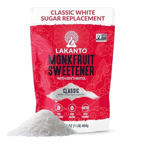 Lakanto Monk Fruit Sweetener With Erythritol, White Sugar Substitute From Monk Fruit Extract, Classic White Sugar Replacement for Baking, Coffee & Tea, Gluten Free, Low Carb, Non GMO, Keto, 1 LB Bag
