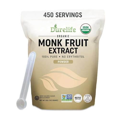 Durelife Organic 100% Pure Monk Fruit sweetener, No Erythritol, Monkfruit Extract Powder, USDA organic NON-GMO Project Verified, Keto Certified, OU kosher No Fillers Zero Calorie Sugar Substitute 5 OZ