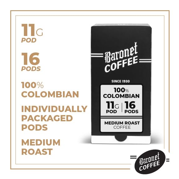 Baronet Coffee Pods [100% Colombian] Single Cup Soft 11 Gram- 1 Box of 16 Single Serve 11 Gram Pods, Medium Roast, Kosher, Vegan [100% Colombian]