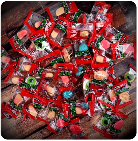Skull in Hands Snack Bowl with Assorted Halloween Gummy Body Parts, 50 Pieces (Gold Skull)