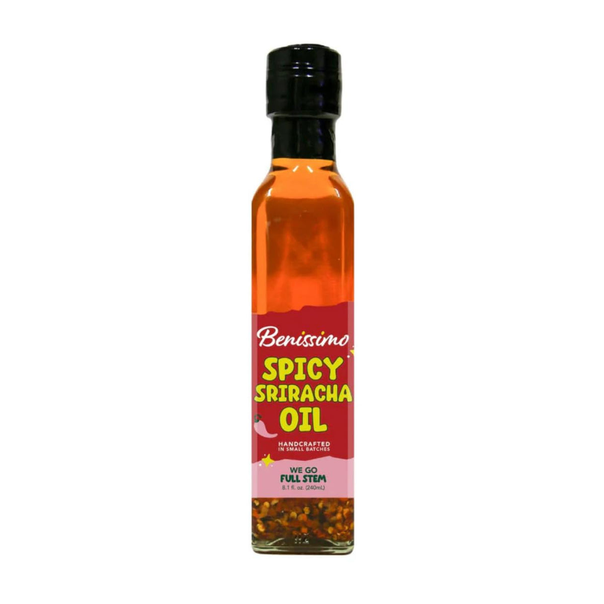 Benissimo Spicy Sriracha Infused Oil - Chili & Garlic Herb Oil, Vegan All Natural Cooking Oil for Stir Fry, Sautéing & Drizzling, Medium Heat, 8.45 fl