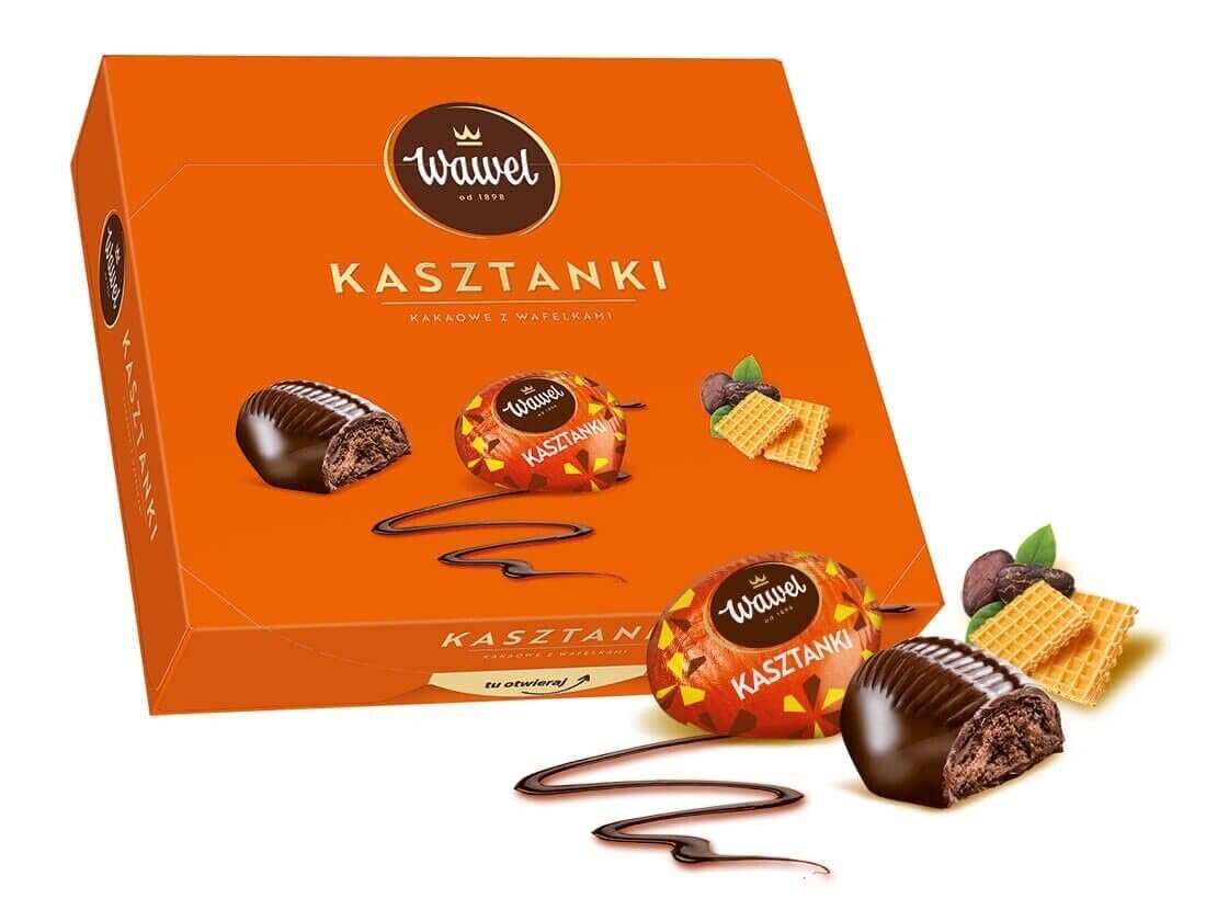 Wawel Kasztanki Kakaowe z Wafelkami Chocolate Filled Cocoa Fudge with Wafer Bits 330g/11.64oz Box