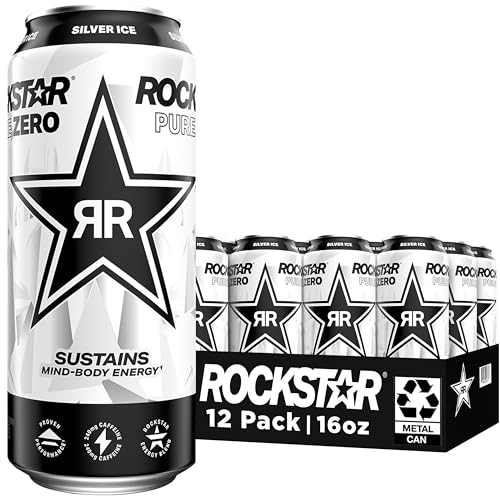 Rockstar Pure Zero Energy Drink, Silver Ice, 0 Sugar, with Caffeine and Taurine, 16oz Cans (Pack of 12) (Packaging May Vary)