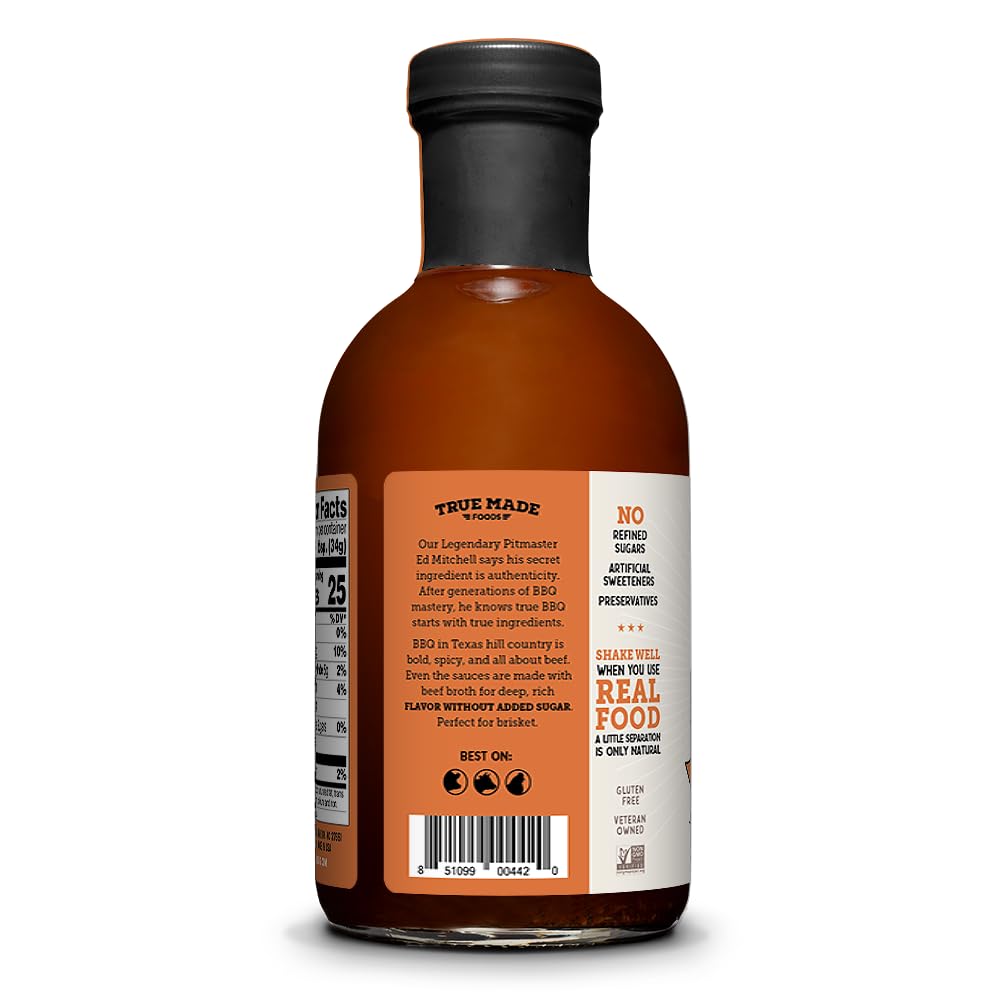 True Made Foods Pitmaster Texas Bold Barbecue Sauce - True Texas BBQ Flavor, No Sugar Added - Keto, Whole 30, Paleo-Friendly BBQ Sauce (18oz, 2 Pack)