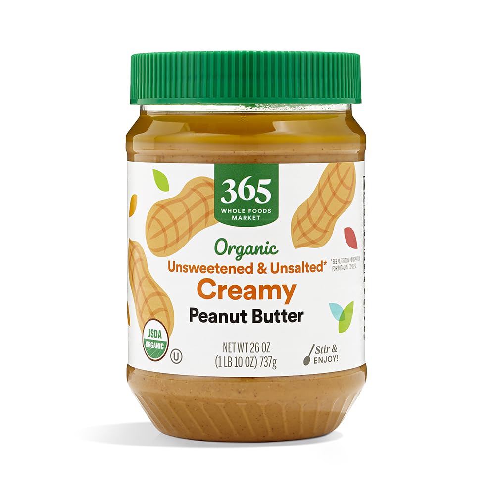 365 by Whole Foods Market, Organic Creamy Peanut Butter, Unsweetened & Unsalted, Stir and Enjoy, 26 Ounce