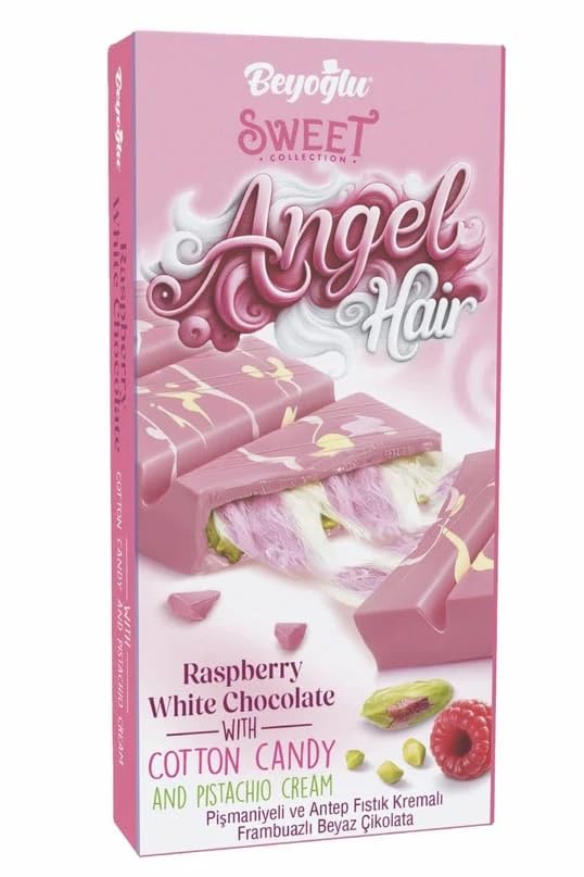Angel Hair Cotton Candy Chocolate Bar - 6 oz (170 G) Raspberry White Chocolate with Cotton Candy and Pistachio Cream - 6 oz (170 G) (Pack of 2)