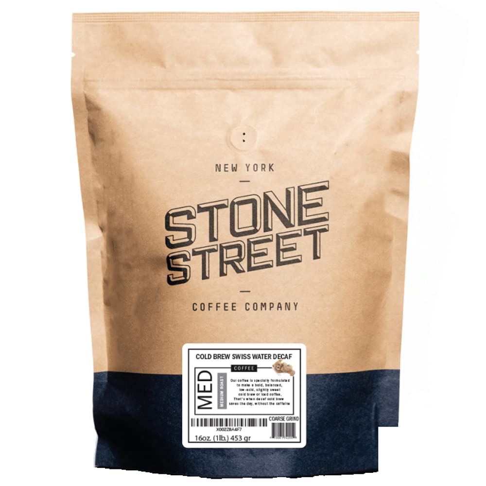 Stone Street Cold Brew Decaf Coffee, Swiss Water Process, Low Acid, 100% Arabica, Gourmet Coffee, Coarse Ground, Medium Roast, 1 LB