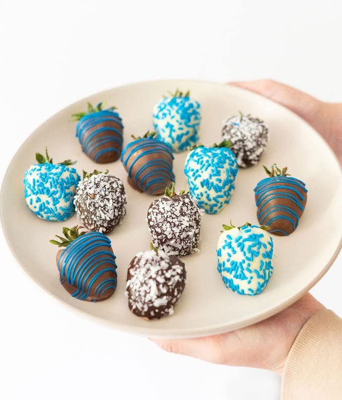 From You Flowers Baby Boy Chocolate Covered Strawberries - 12 Belgian Dipped Berries with Blue Decoration for Baby Shower & New Baby Gifts