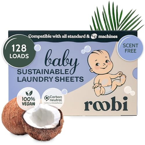 Roobi Baby Laundry Detergent Sheets. Specially Formulated for Sensitive Skin. Newborns, Infants & Toddlers Clothes. Unscented. Up to 128 Loads