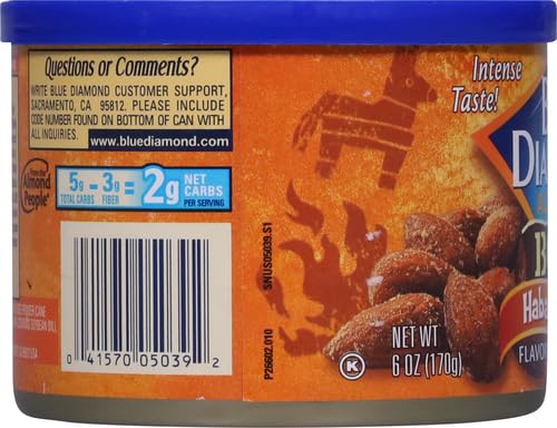 Blue Diamond Almonds Habanero BBQ Flavored Snack Nuts, 6 Oz Resealable Cans (Pack of 6)