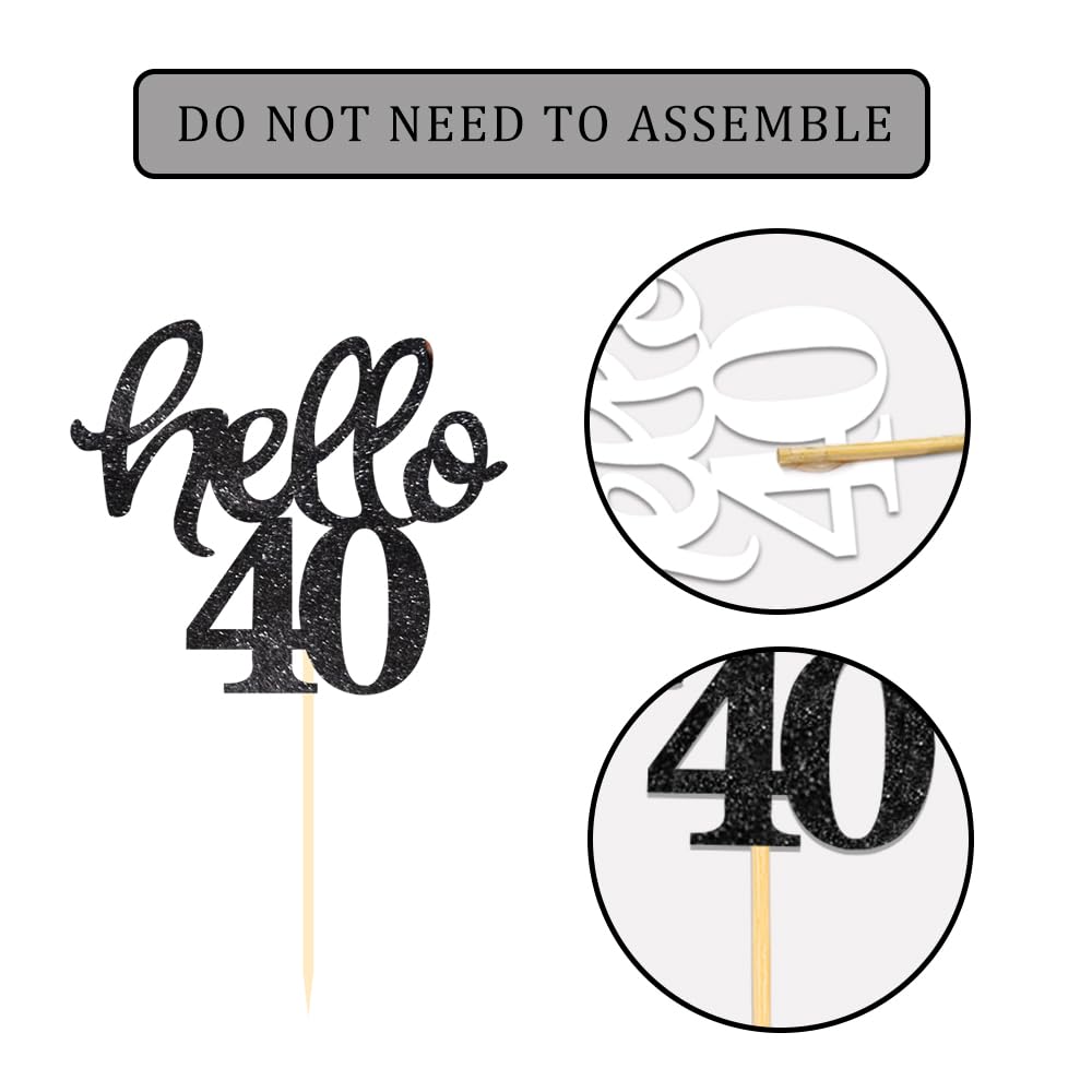 Black Glitter 40th Birthday Cupcake Toppers 40th Birthday Celebrating Party Decorations - Set of 24