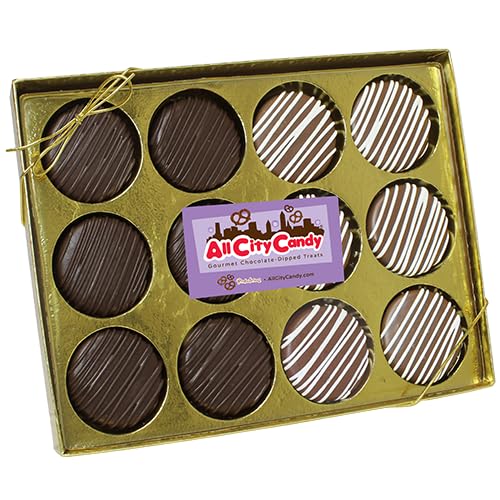 All City Candy Chocolate Covered "Sandwich-like-Cookies", Half Milk & Half Dark, 12-Piece Gold Gift Box, Hand-dipped gourmet treats for Corporate