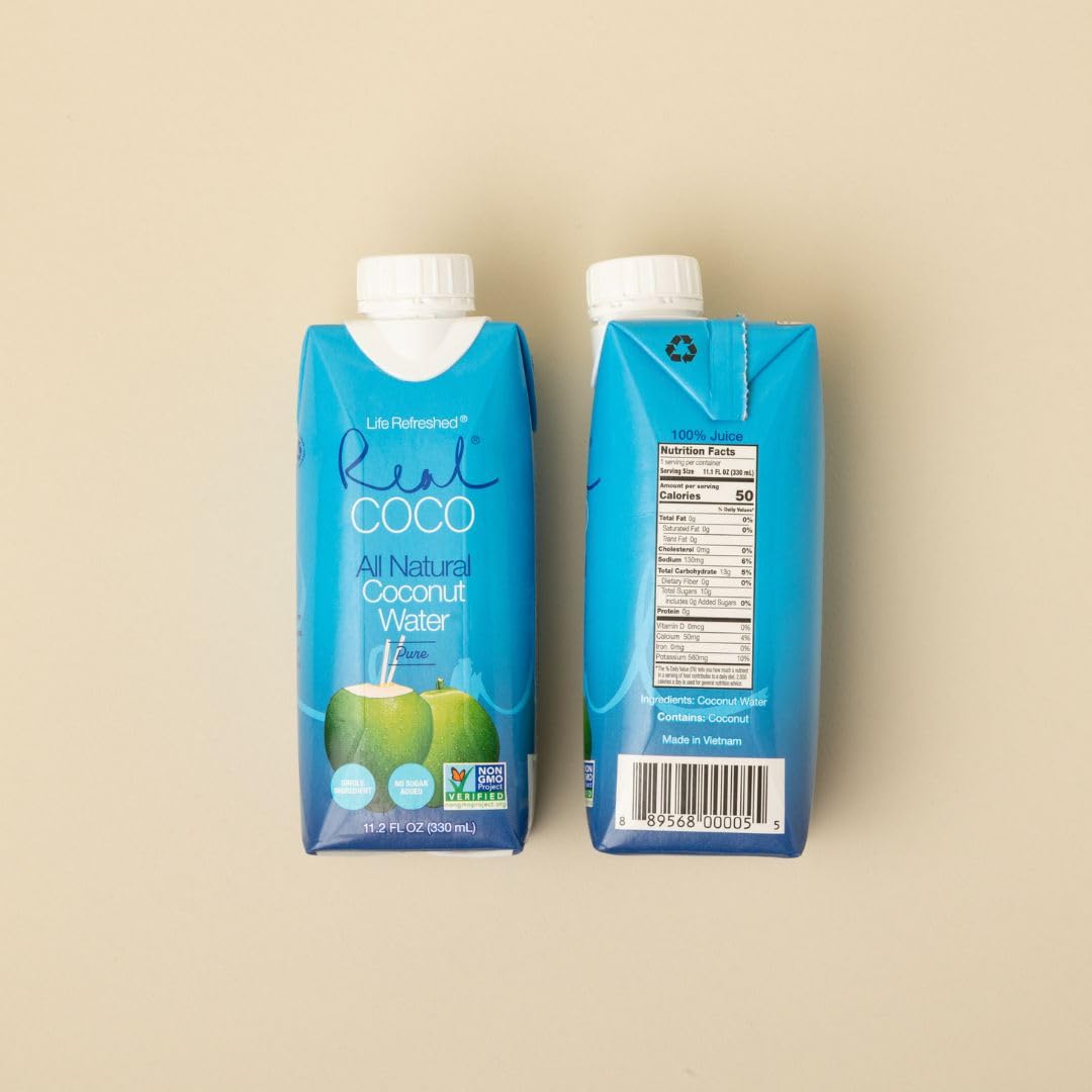 Real Coco All Natural Pure Coconut Water (12-Pack 330mL), Single Ingredient, No Added Sugar, Plant Based, Packed with Electrolytes, Vegan