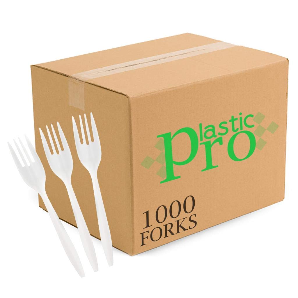 Plasticpro Cutlery Plastic Forks Medium Weight Disposable Silverware (White,1000 Forks)