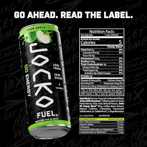 Jocko Fuel GO Energy Drinks, Sour Apple - 95mg Caffeine with Added Adaptogens, Vitamin B12 & B6, & L Theanine for Mood & Focus Support, No Sugar, 12