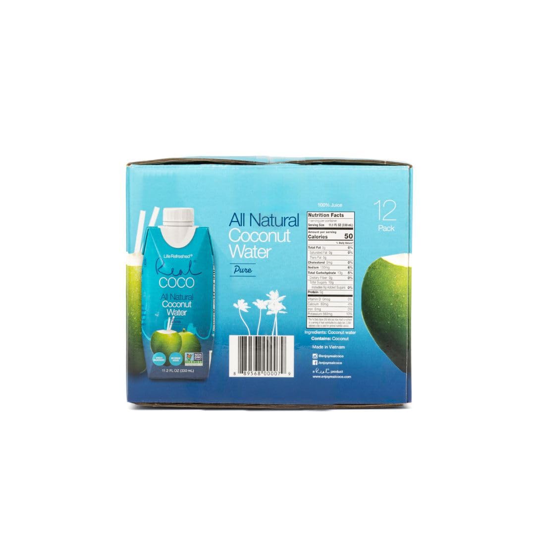 Real Coco All Natural Pure Coconut Water (12-Pack 330mL), Single Ingredient, No Added Sugar, Plant Based, Packed with Electrolytes, Vegan