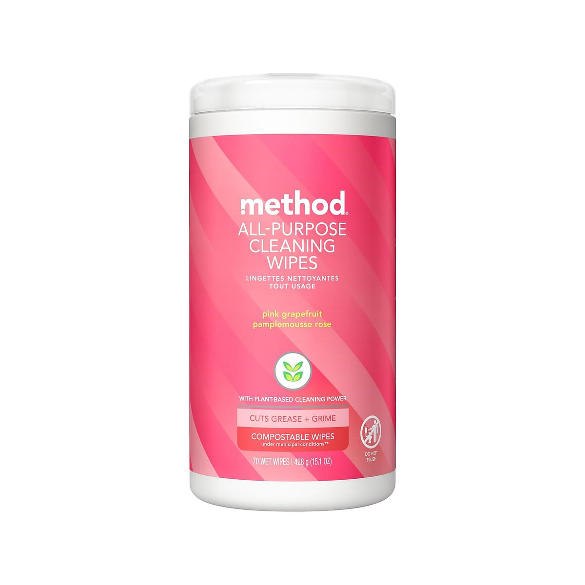 Method All-Purpose Cleaning Wipes, Pink Grapefruit, Multi-Surface, Compostable, 70 Count (Pack of 1)