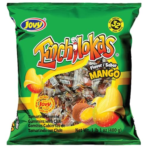 Jovy Enchilokas Candy. Mango Flavored Tamarind Covered Gummies With Chili. Net wt 1-lb 1-oz