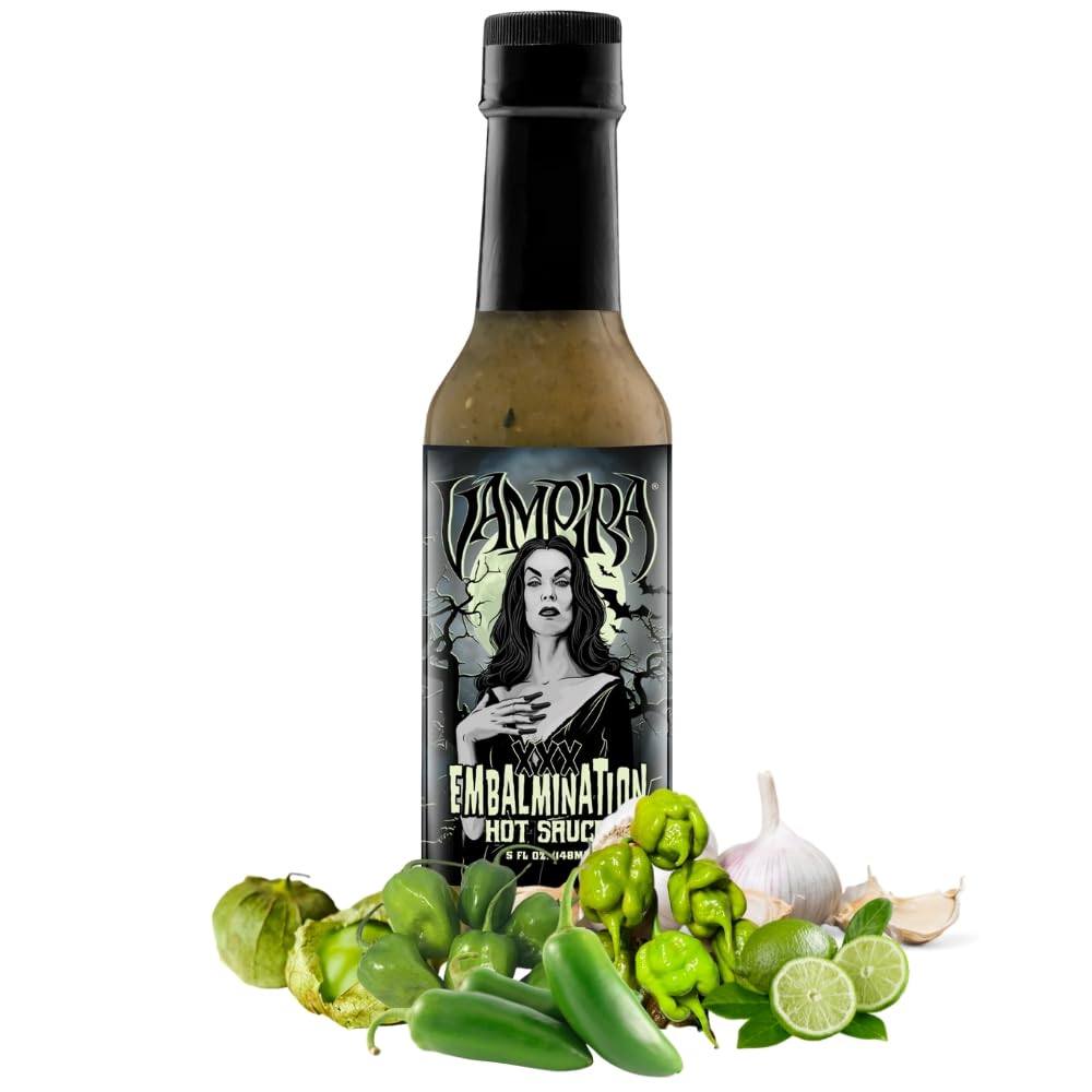 Hellfire Hot Sauce Vampira XXX Embalmination - Green Salsa Verde Gourmet Hot Sauce With Carolina Reaper Peppers, 5 oz.