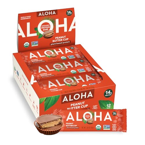 ALOHA Organic Plant Based Protein Bars - Peanut Butter Cup Bar - 12 Bars, Vegan, Low Sugar, Gluten-Free, Low Carb, Non-GMO, No Stevia, No Erythritol
