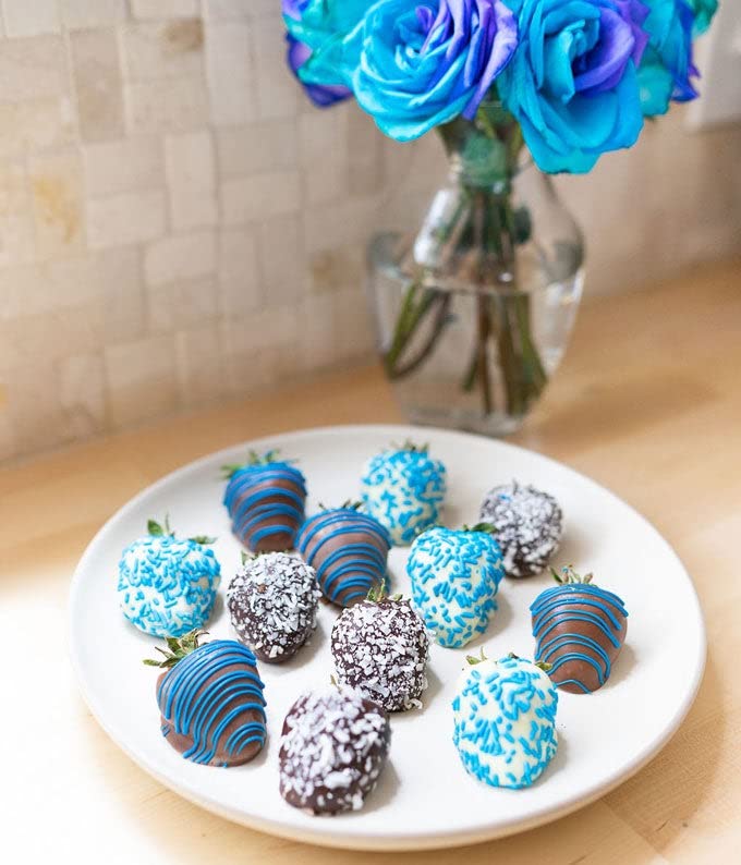 From You Flowers Baby Boy Chocolate Covered Strawberries - 12 Belgian Dipped Berries with Blue Decoration for Baby Shower & New Baby Gifts