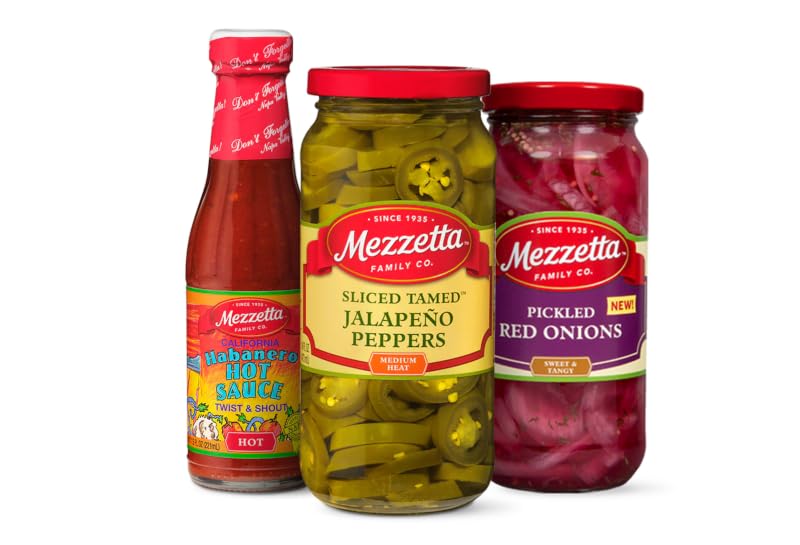 Mezzetta Taco Pack (3 Pack) | California Habanero Hot Sauce 7.5 fl oz, Sliced Tamed Jalapeño Peppers 16 fl oz, Pickled Red Onions 16 fl oz