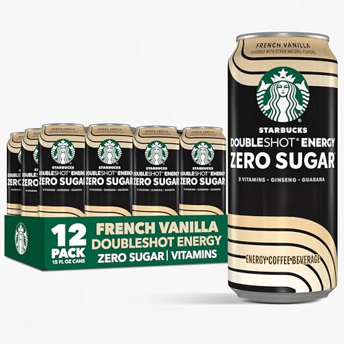 Starbucks Doubleshot Zero Sugar Coffee Energy Drink, French Vanilla, 15 fl oz Cans, (12 Pack), Zero Sugar, B Vitamins, Ginseng, Guarana, Iced Coffee