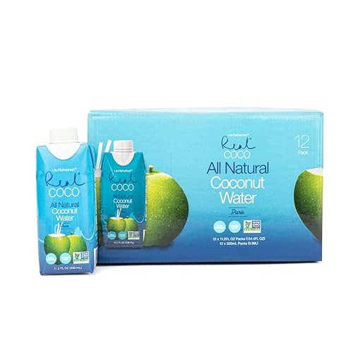 Real Coco All Natural Pure Coconut Water (12-Pack 330mL), Single Ingredient, No Added Sugar, Plant Based, Packed with Electrolytes, Vegan