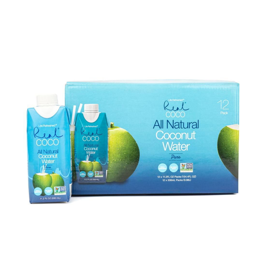 Real Coco All Natural Pure Coconut Water (12-Pack 330mL), Single Ingredient, No Added Sugar, Plant Based, Packed with Electrolytes, Vegan