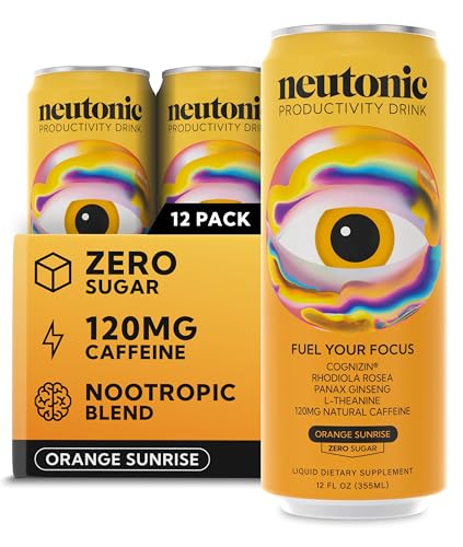 Neutonic Nootropic Productivity Energy Drink | Orange Sunrise 12 Cans | 120mg Natural Caffeine, Zero Sugar | Support Memory, Mental Clarity, Cognitive