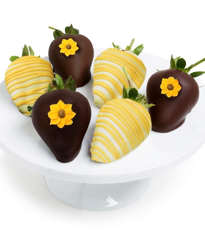 From You Flowers Sunflower Chocolate Covered Strawberries - 6 Fresh Belgian Dipped Berries with Sunflower Icing for Birthday & Get Well