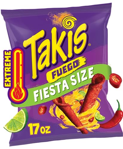 Takis Fuego 17 oz Fiesta Size Hot Chili Pepper & Lime Flavored Extreme Spicy Rolled Corn Tortilla Chips