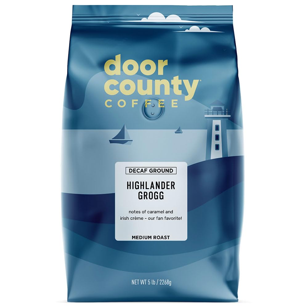 Door County Coffee Highlander Grogg DECAF Flavored Coffee Ground - 5 lb Bag - Flavored Ground Medium Roast - 100% Specialty Arabica - Gourmet - Irish