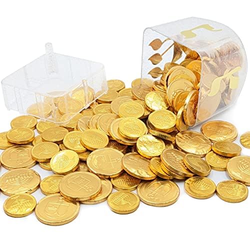 The Dreidel Company Jumbo Hanukkah Dreidel Filled with Chocolate Gelt Coins, Chocolate Half Dollar Coins, Chanukah Gelt, Kosher (Pack of 4)