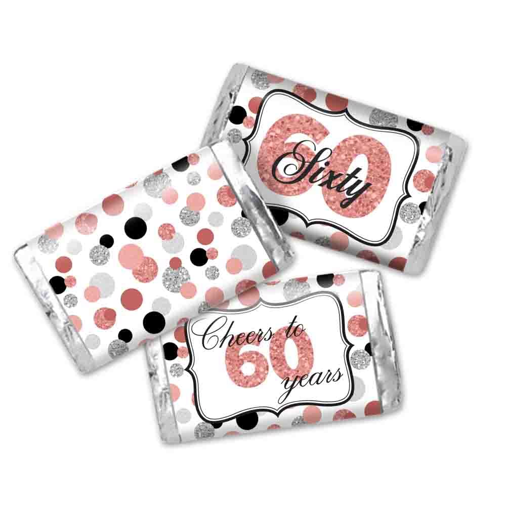Amanda Creation Confetti Rose Gold Polka Dot 60th Birthday Party Mini Chocolate Candy Bar Sticker Wrappers, 45 1.4" x 2.6" Wrap Around Labels, Great