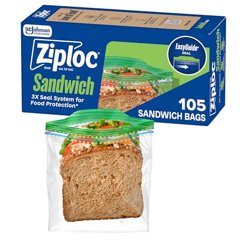 Ziploc Sandwich and Snack Bags with EasyGuide Texture, Plastic Storage Bags with Grip 'n Seal Technology, 105 Bags Total