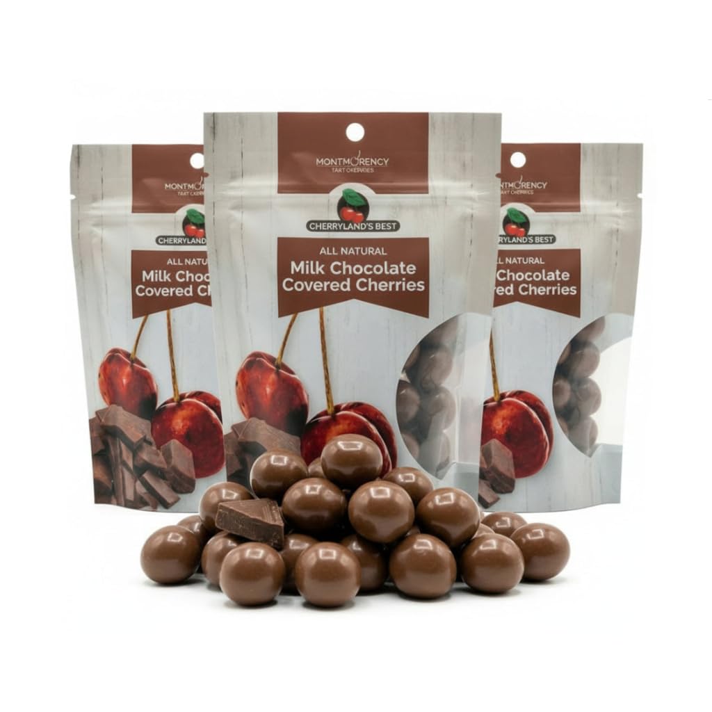 CHERRYLAND'S BEST Chocolate Covered Cherries, Milk Chocolate, Dark Chocolate and Yogurt Varieties, All Natural, Reasealable Bags (7.5oz (3 Pack), Milk