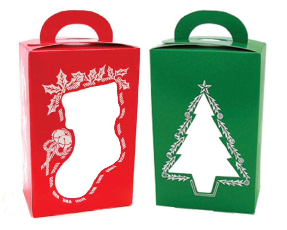 CK Products Window Tote Box Pack of 25 (Mixed Red Christmas Stockings + Green Christmas Trees)