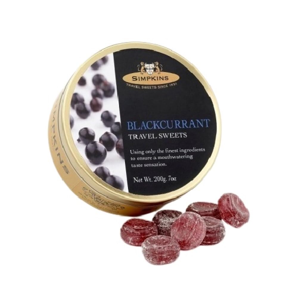 Simpkins Black Currant Travel Sweets 7 Oz - 200 g Tin (Pack of 6)