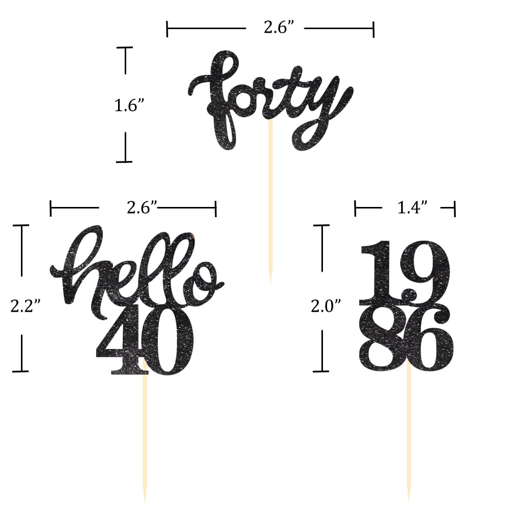 Black Glitter 40th Birthday Cupcake Toppers 40th Birthday Celebrating Party Decorations - Set of 24