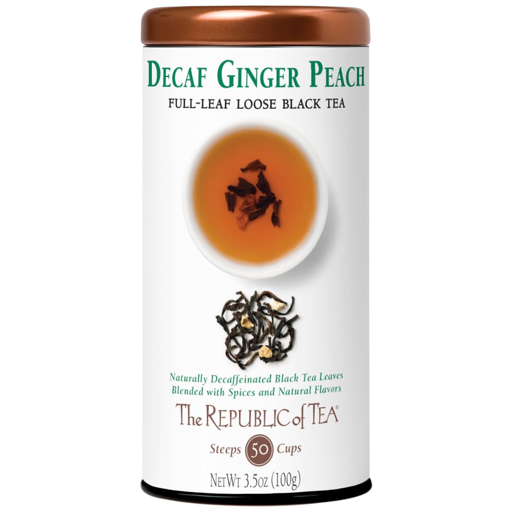 The Republic of Tea Decaf Ginger Peach Black Full-Leaf Loose Tea 3.5 Ounce Tin | Steeps 50 Cups