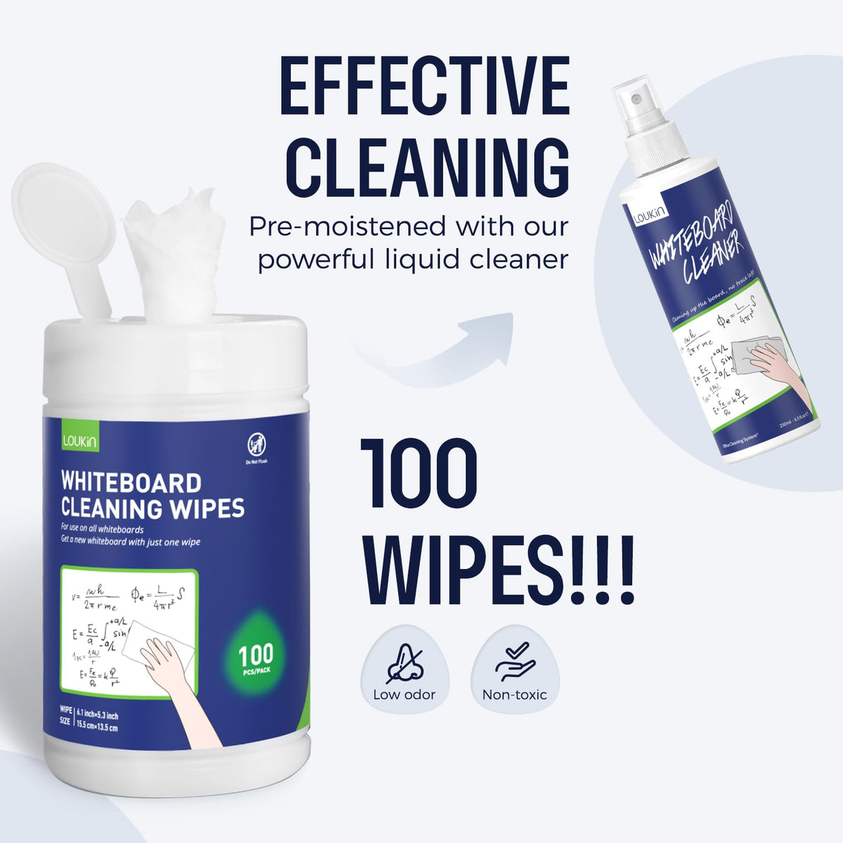 Loukin Whiteboard Cleaning Wipes, Dry Erase Board Cleaning Wipes, Non-toxic White board Wipes, 100 Wipes per Canister